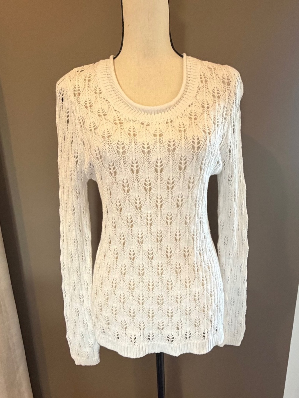 NWT Croft & Barrow White Crochet Knit Crew Neck Long Sleeve Sweater, Size Small